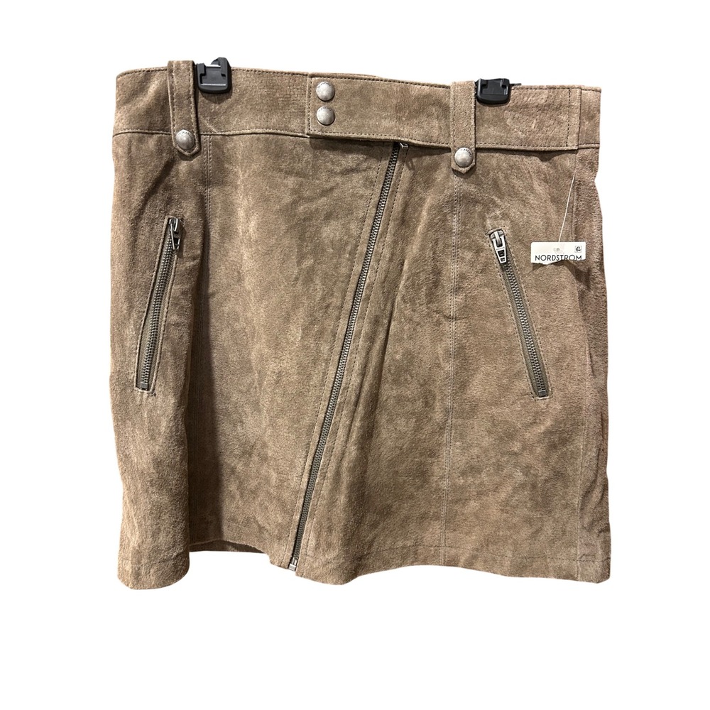 BlankNYC Women Suede Mini Skirt Taupe Brown Leather Moto Asymmetric Zip Size 30